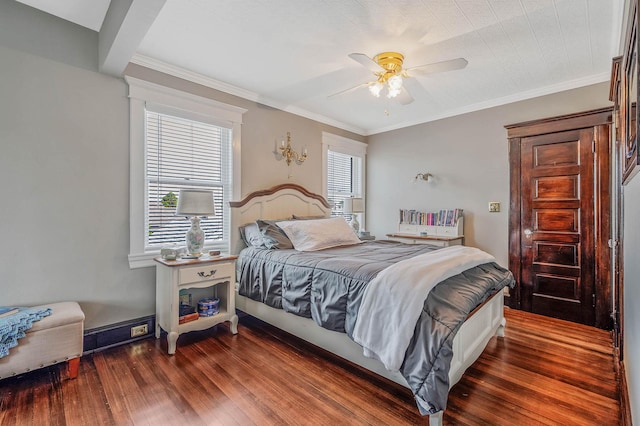33 S Bay Ave, Amityville, NY 11701 - bedroom featuring wood finished floors, multiple windows, ceiling fan, and crown molding