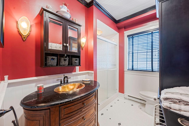 33 S Bay Ave, Amityville, NY 11701 - bathroom featuring a baseboard radiator, ornamental molding, a stall shower, vanity, and a wainscoted wall