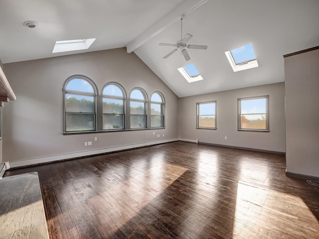 285 Hill Rd, Goshen, NY 10940 - unfurnished living room with a skylight, beamed ceiling, a ceiling fan, baseboard heating, and wood finished floors