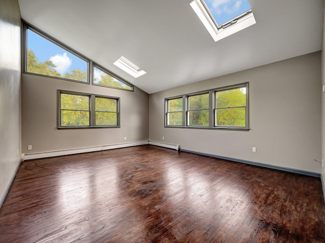 285 Hill Rd, Goshen, NY 10940 - empty room with a skylight, wood finished floors, baseboard heating, and high vaulted ceiling