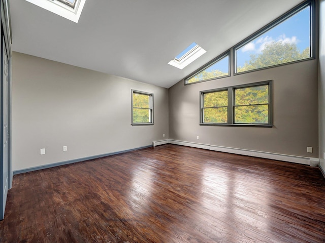 285 Hill Rd, Goshen, NY 10940 - empty room with a skylight, baseboard heating, wood finished floors, and high vaulted ceiling