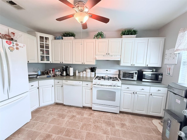 5 Petersen Ct Unit 5, West Babylon, NY 11704 - kitchen featuring white appliances, under cabinet range hood, white cabinets, and glass insert cabinets