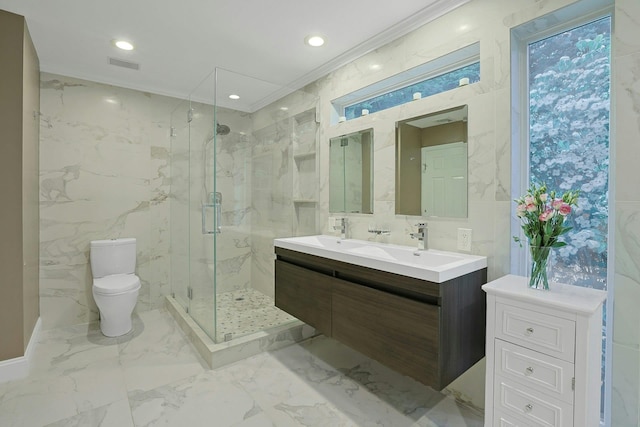 29 Brian Ct, Carmel, NY 10512 - bathroom with tile walls, a marble finish shower, double vanity, marble finish floors, and recessed lighting