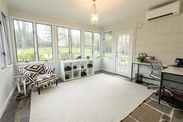 15 Glen Pk Rd, Purchase, NY 10577 - sunroom / solarium with a wall unit AC, ornamental molding, plenty of natural light, and concrete block wall