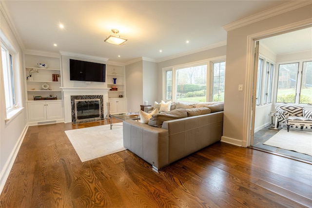 15 Glen Pk Rd, Purchase, NY 10577 - living room with healthy amount of natural light, a premium fireplace, dark wood-style flooring, crown molding, and recessed lighting