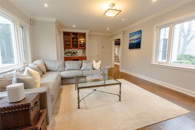 15 Glen Pk Rd, Purchase, NY 10577 - living area with light wood-type flooring, recessed lighting, crown molding, and bar area