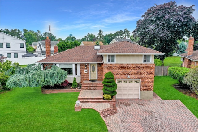 90 Stephen St, Levittown, NY 11756 - split level home featuring an attached garage, decorative driveway, a chimney, brick siding, and a shingled roof