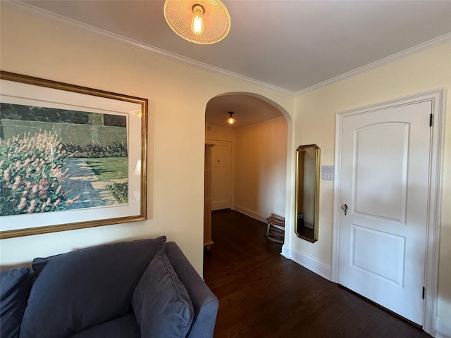 1273 N Ave Unit 4F-5, New Rochelle, NY 10804 - living area with dark wood-style floors, arched walkways, and ornamental molding