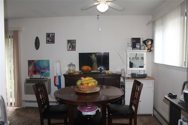 7 Secora Rd Unit H-16, Monsey, NY 10952 - dining space featuring a baseboard radiator, dark carpet, ceiling fan, baseboard heating, and a wall unit AC