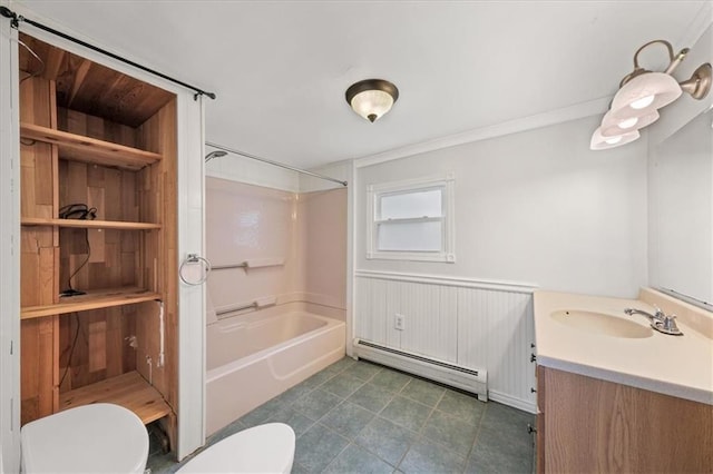 27 County Route 19, Hudson, NY 12534 - full bath featuring baseboard heating, vanity, shower / bath combination, wainscoting, and tile patterned floors