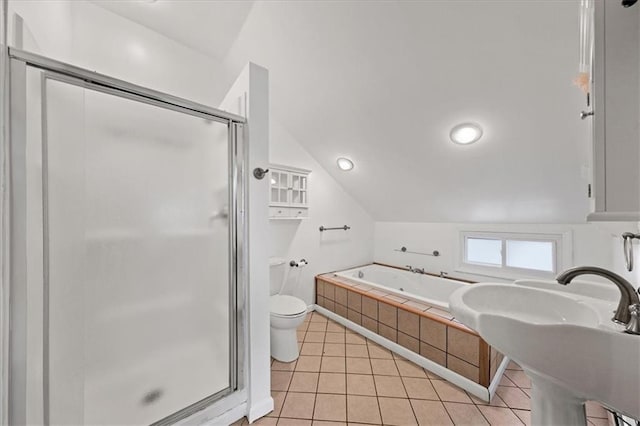 27 County Route 19, Hudson, NY 12534 - bathroom featuring a shower stall, a bath, tile patterned floors, and vaulted ceiling