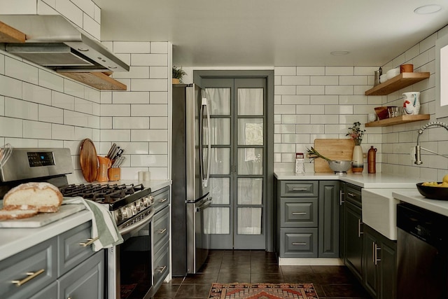 169 Mountain Rd, Cornwall On Hudson, NY 12520 - kitchen with appliances with stainless steel finishes, extractor fan, backsplash, light countertops, and open shelves