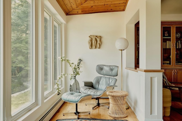 169 Mountain Rd, Cornwall On Hudson, NY 12520 - living area with wooden ceiling, a baseboard radiator, wood finished floors, and vaulted ceiling