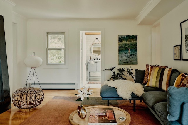 169 Mountain Rd, Cornwall On Hudson, NY 12520 - living area with a baseboard radiator, wood finished floors, and ornamental molding