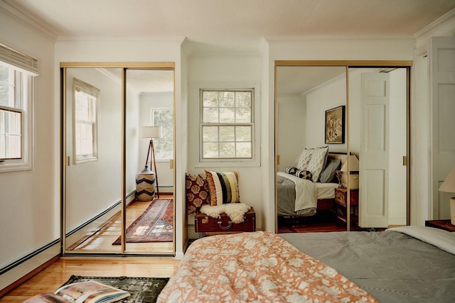 169 Mountain Rd, Cornwall On Hudson, NY 12520 - bedroom featuring two closets, hardwood / wood-style flooring, crown molding, and multiple windows
