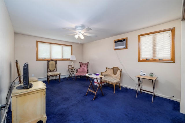 179 Alice Ave, Oceanside, NY 11572 - living area with a wall mounted AC, ceiling fan, a baseboard radiator, and carpet