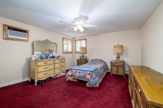179 Alice Ave, Oceanside, NY 11572 - bedroom with dark carpet, ceiling fan, a wall mounted air conditioner, and baseboard heating
