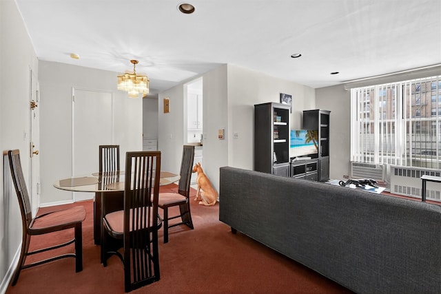 355 Bronx River Rd Unit 4B, Yonkers, NY 10704 - carpeted dining area featuring a chandelier, radiator heating unit, and recessed lighting