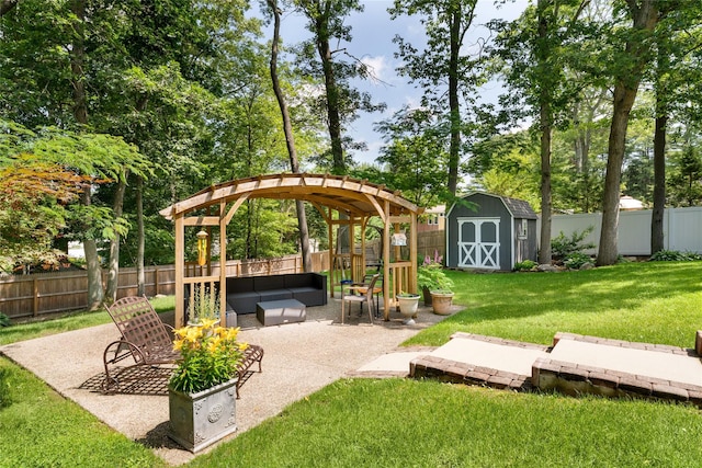 22 Woodchuck Ln, East Setauket, NY 11733 - fenced backyard featuring outdoor lounge area, a patio, and a storage unit