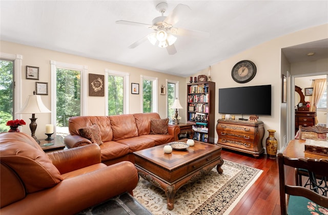 22 Woodchuck Ln, East Setauket, NY 11733 - living area with a ceiling fan, dark wood-type flooring, and vaulted ceiling