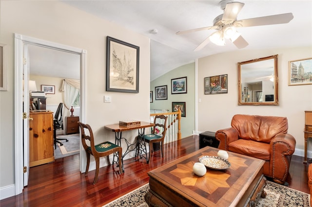 22 Woodchuck Ln, East Setauket, NY 11733 - living room featuring dark wood-style floors, vaulted ceiling, and ceiling fan
