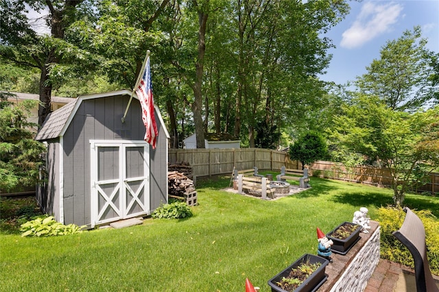 22 Woodchuck Ln, East Setauket, NY 11733 - fenced backyard featuring an outdoor fire pit, a shed, and view of wooded area