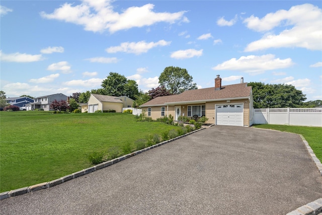 16 Melvin Ave, Farmingville, NY 11738 - ranch-style home with a garage, a chimney, and asphalt driveway