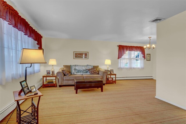 138 Sequams Ln E, West Islip, NY 11795 - carpeted living area with a baseboard heating unit and a chandelier
