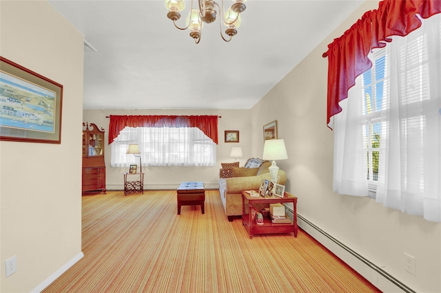 138 Sequams Ln E, West Islip, NY 11795 - sitting room with a baseboard heating unit, a chandelier, and carpet flooring