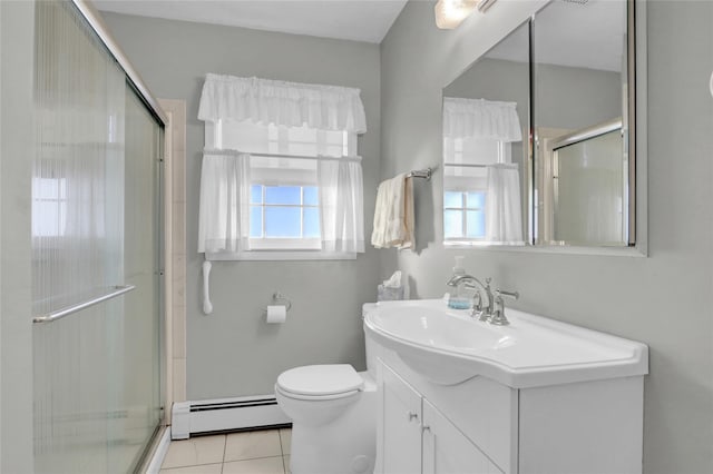 138 Sequams Ln E, West Islip, NY 11795 - bathroom with a baseboard radiator, vanity, a stall shower, and tile patterned flooring