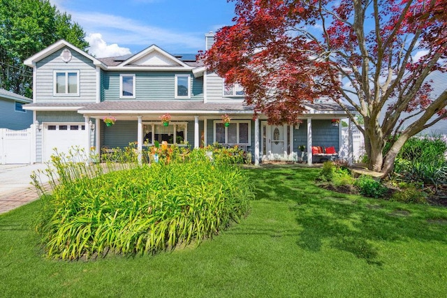 17 Sterling Dr, Lake Grove, NY 11755 - view of front facade featuring covered porch, a garage, roof mounted solar panels, concrete driveway, and a shingled roof