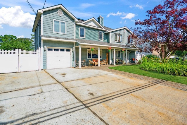17 Sterling Dr, Lake Grove, NY 11755 - view of front of property with a porch, a chimney, concrete driveway, and an attached garage