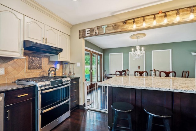 17 Sterling Dr, Lake Grove, NY 11755 - kitchen with range with two ovens, under cabinet range hood, a kitchen breakfast bar, tasteful backsplash, and light stone counters
