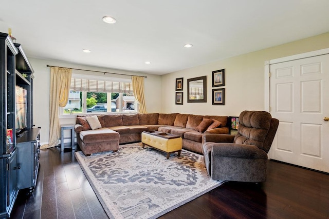 17 Sterling Dr, Lake Grove, NY 11755 - living room featuring dark wood-type flooring, recessed lighting, and a baseboard radiator