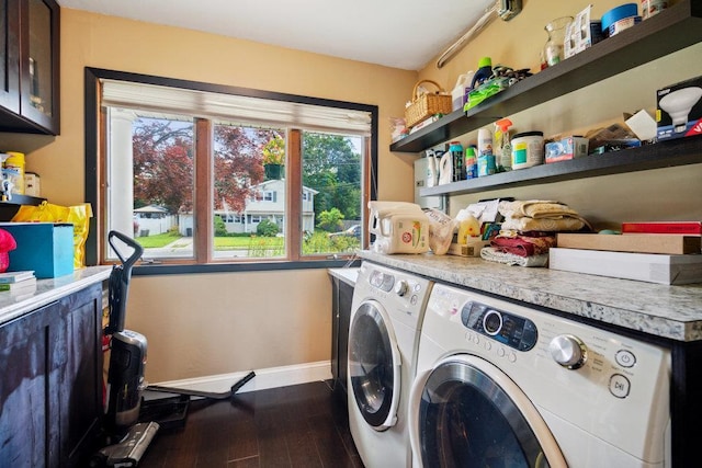 17 Sterling Dr, Lake Grove, NY 11755 - laundry room with washing machine and dryer, cabinet space, and dark wood-type flooring