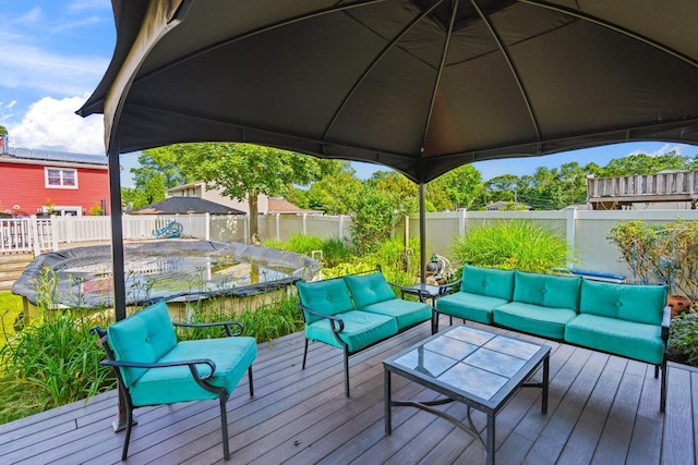17 Sterling Dr, Lake Grove, NY 11755 - deck featuring an outdoor hangout area, a fenced backyard, and a gazebo