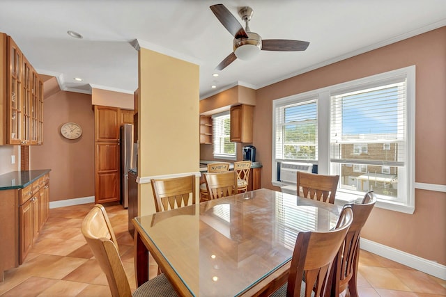 2524 Mickle Ave, Bronx, NY 10469 - dining area featuring cooling unit, ornamental molding, a ceiling fan, light tile patterned flooring, and recessed lighting
