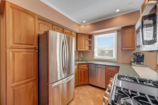 2524 Mickle Ave, Bronx, NY 10469 - kitchen with stainless steel appliances, ornamental molding, light tile patterned floors, brown cabinets, and recessed lighting
