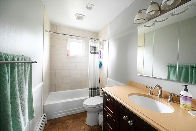 184 Sumpwams Ave, Babylon, NY 11702 - full bath with vanity, shower / bathtub combination with curtain, stone finish flooring, and baseboard heating
