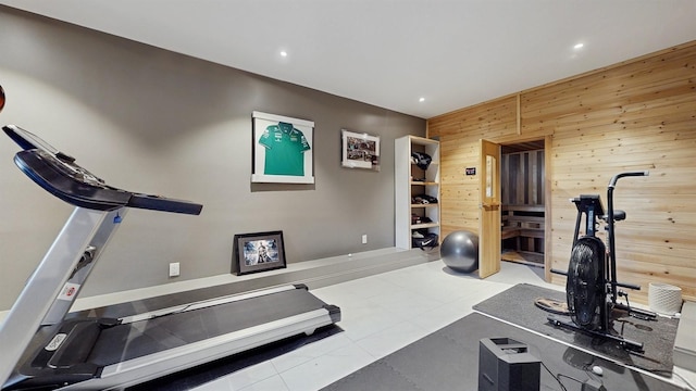 17 Arthur Pl, Yonkers, NY 10701 - workout area with wooden walls, recessed lighting, and tile patterned floors