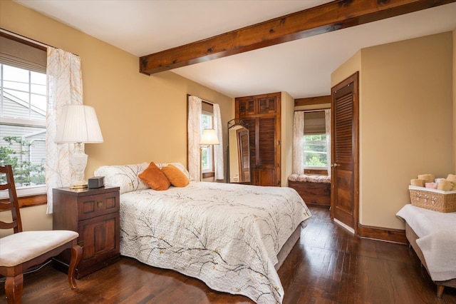 3665 Lufberry Ave, Wantagh, NY 11793 - bedroom with multiple windows, dark wood-style flooring, and beamed ceiling