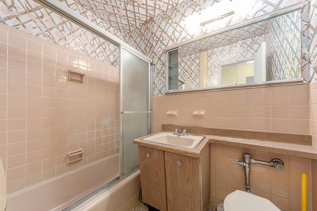 86-10 151st Unit 6B, Howard Beach, NY 11411 - bathroom featuring enclosed tub / shower combo, vanity, and wallpapered walls