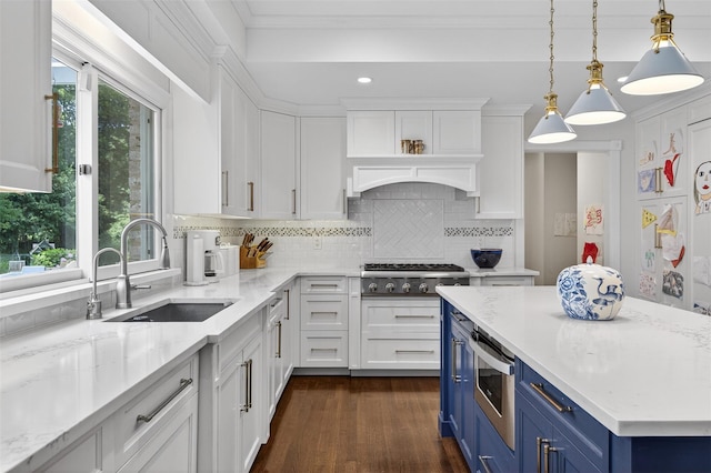 8 Danton Ln S, Locust Valley, NY 11560 - kitchen with blue cabinetry, white cabinetry, tasteful backsplash, ornamental molding, and recessed lighting