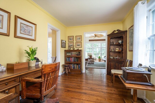 38 Mason Dr, Manhasset, NY 11030 - office space featuring dark wood finished floors, ornamental molding, and ceiling fan