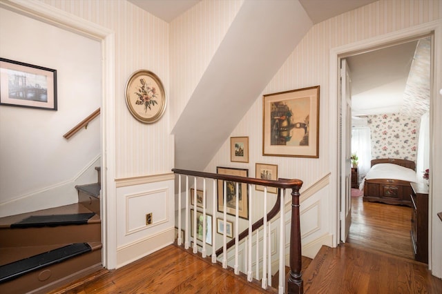 38 Mason Dr, Manhasset, NY 11030 - stairway featuring wallpapered walls and wood finished floors