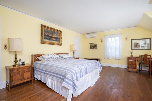 38 Mason Dr, Manhasset, NY 11030 - bedroom featuring a wall mounted AC, dark wood-style flooring, and lofted ceiling