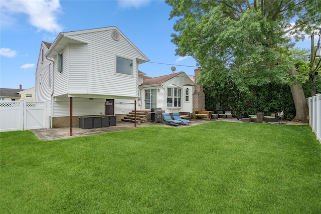 58 Circle Dr, Syosset, NY 11791 - rear view of house featuring an outdoor living space, a patio area, a hot tub, and a fenced backyard