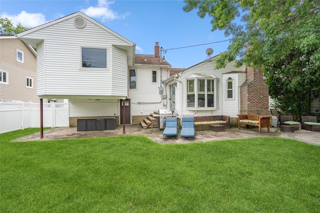 58 Circle Dr, Syosset, NY 11791 - rear view of house featuring an outdoor living space, a patio, a fenced backyard, a hot tub, and a chimney