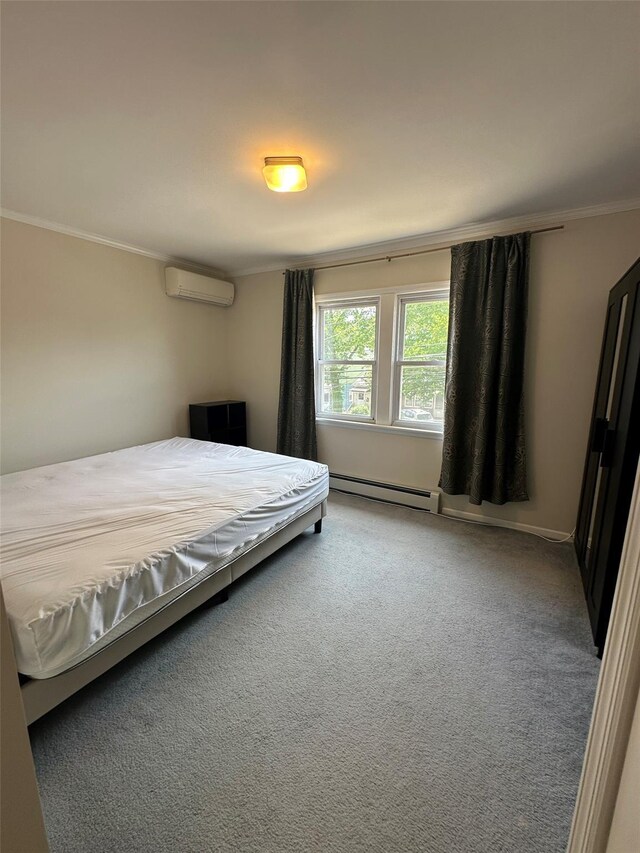 33-13 202nd St, Bayside, NY 11361 - carpeted bedroom featuring a wall unit AC, a baseboard radiator, and crown molding