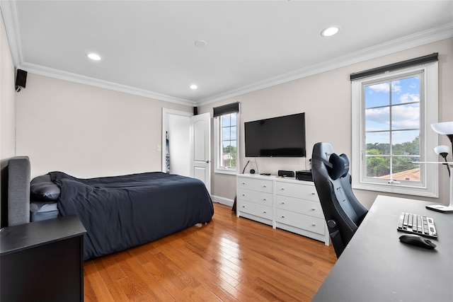 5 Vera Ave, Plainview, NY 11803 - bedroom with light wood-style floors, an office area, ornamental molding, and recessed lighting